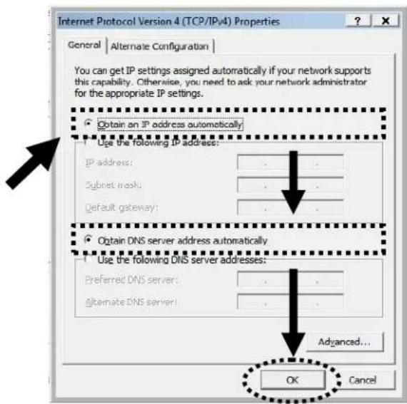 Internet Protocol Version 4 (TCP/IPv4) Properties General | Alternate Configuration | You can get IP settings assigned automatically if your network supports this capability. Otherwise, you need to ask your network administrator for the appropriate IP settings. ● Obtain an IP address automatically Use the following IP address: IP address: Subnet mask: Default gateway: ● Obtain DNS server address automatically Use the following DNS server addresses: Preferred DNS server: Alternate DNS server: Advanced... OK Cancel
