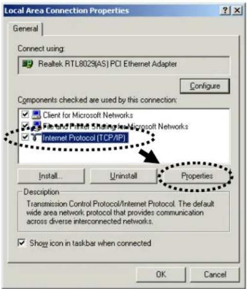 Local Area Connection Properties General Connect using: Realtek RTL8029(AS) PCI Ethernet Adapter Configure Components checked are used by this connection: Client for Microsoft Networks File and Printer Sharing for Microsoft Networks Internet Protocol (TCP/IP) Install... Uninstall Properties Description Transmission Control Protocol/Internet Protocol. The default wide area network protocol that provides communication across diverse interconnected networks. Show icon in taskbar when connected OK Cancel