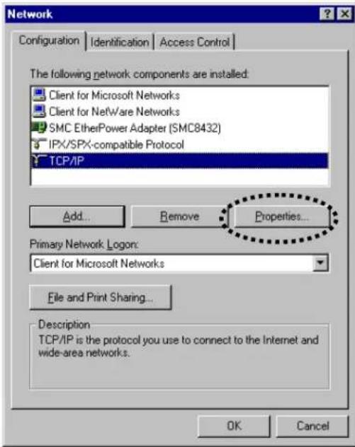 Network Configuration | Identification | Access Control | The following network components are installed: Client for Microsoft Networks Client for NetWare Networks SMC EtherPower Adapter (SMC8432) IPX/SPX-compatible Protocol TCP/IP Add... Remove Properties... Primary Network Logon: Client for Microsoft Networks File and Print Sharing... Description TCP/IP is the protocol you use to connect to the Internet and wide-area networks. OK Cancel