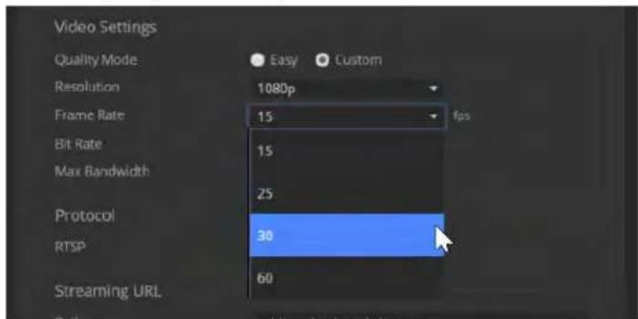 Video Settings Quality Mode Easy Custom Resolution 1080p Frame Rate 15 fps Bit Rate 15 Max Bandwidth 25 Protocol 30 RTSP 60 Streaming URL