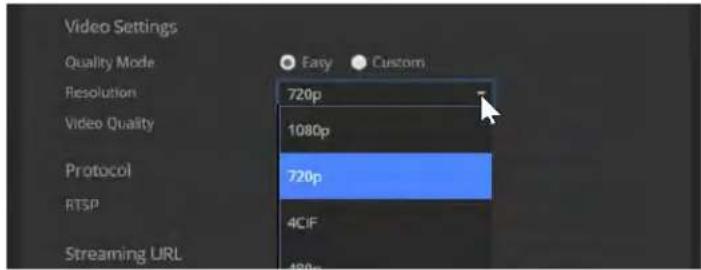 Video Settings Quality Mode Resolution 720p 1080p Video Quality Protocol 720p RTSP 4CIF Streaming URL