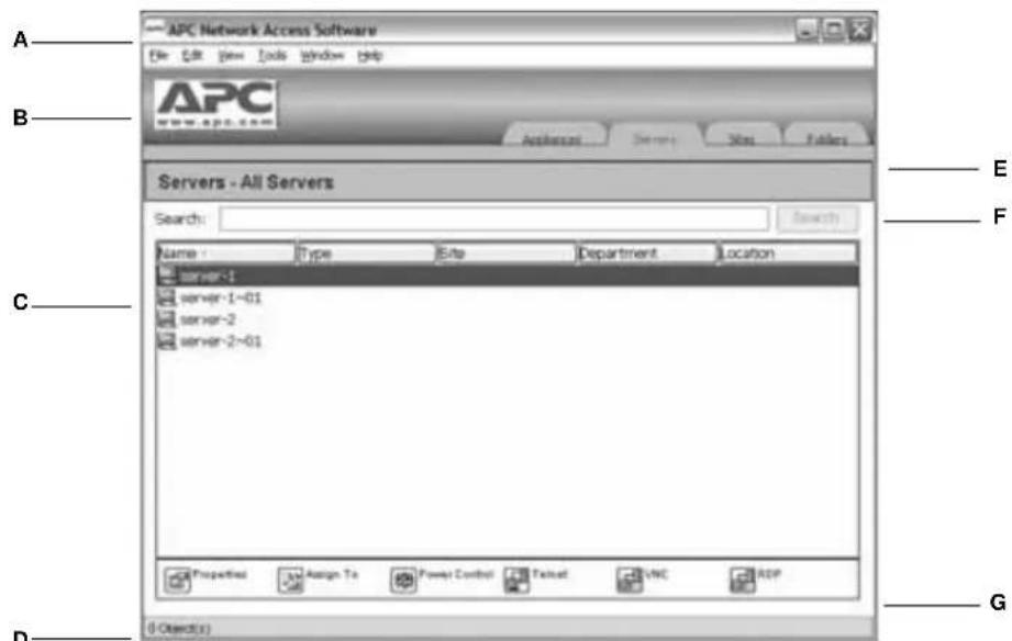 APC Network Access Software File Edit View Tools Window Help APC www.apc.com Application Server Site Favorites Servers - All Servers Search: Name : Type Bite Department Location server-1 server-1~01 server-2 server-2~01 Properties Assign To Power Control Format VNC APP D Object(s) E F G