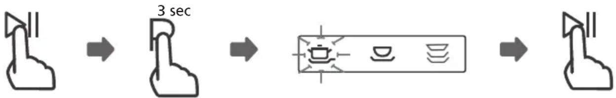 graph LR A["Hand with thumb"] --> B["3 sec"] B --> C["Device with icons"] C --> D["Right-hand icon"]