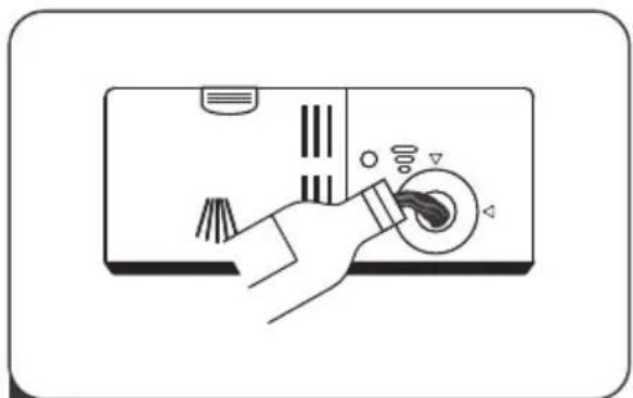 Illustration of a hand pressing down on a device with buttons and a brush (no text or symbols)