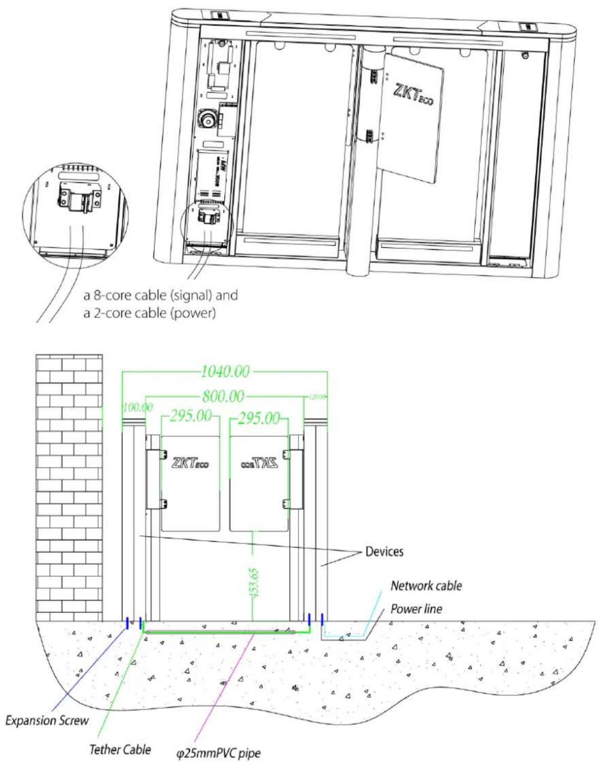 a 8-core cable (signal) and a 2-core cable (power) 1040.00 800.00 100.00 295.00 295.00 ZKTeco T3X5 153.65 Devices Network cable Power line Expansion Screw Tether Cable φ25mmPVC pipe