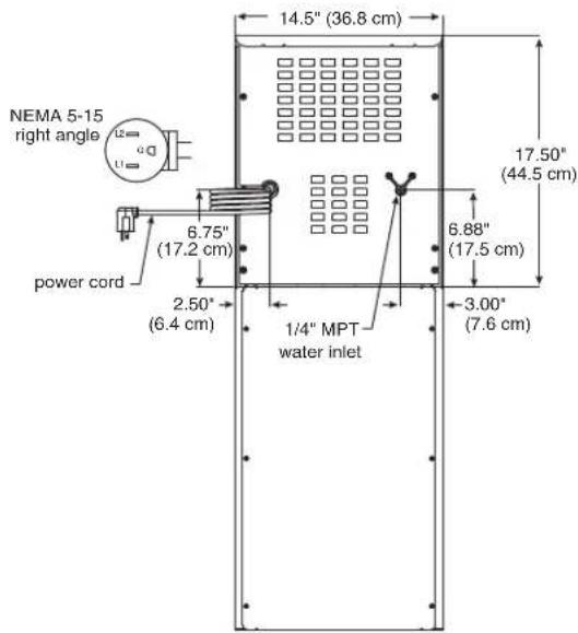 NEMA 5-15 right angle 6.75" (17.2 cm) power cord 2.50" (6.4 cm) 1/4" MPT water inlet 14.5" (36.8 cm) 17.50" (44.5 cm) 6.88" (17.5 cm) 3.00" (7.6 cm)