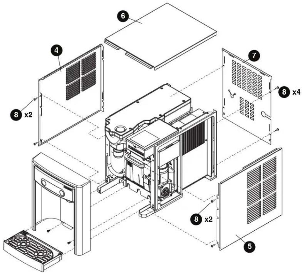Exploded view diagram of a refrigerator internal structure with numbered components and cross-sectional views