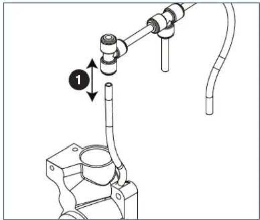 Technical diagram showing pipe connection with labeled component '1' and directional arrow