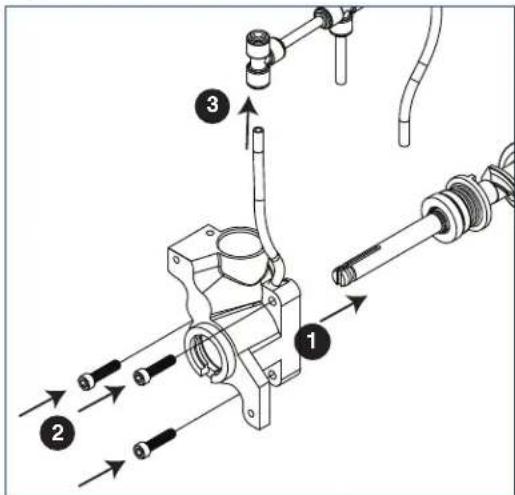 Technical diagram of a mechanical assembly with numbered components and directional arrows indicating motion or flow.