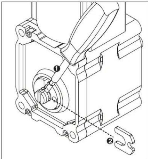 Technical diagram of a mechanical assembly with labeled parts ① and ②, showing structural components and alignment indicators.