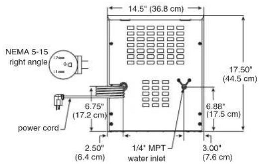 NEMA 5-15 right angle 6.75" (17.2 cm) power cord 2.50" (6.4 cm) 1/4" MPT water inlet 3.00" (7.6 cm) 14.5" (36.8 cm) 17.50" (44.5 cm)