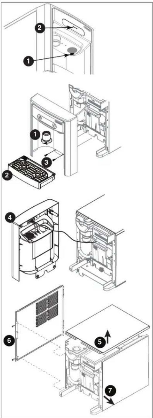 Exploded view diagram of a refrigerator internal components with numbered parts and directional arrows indicating assembly or installation.
