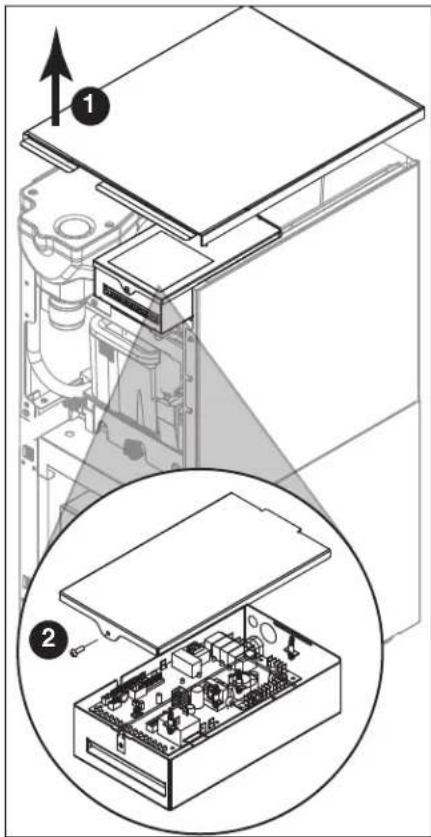 Technical diagram showing a device interior with labeled components and an inset view of the internal circuit board.