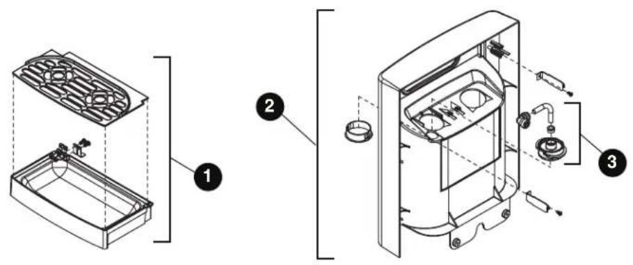 Technical diagram showing three views of a refrigerator internal structure with labeled components