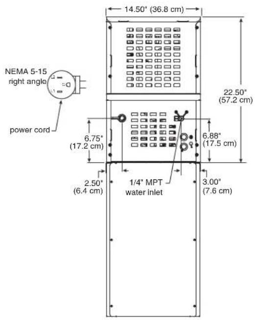NEMA 5-15 right angle power cord 6.75° (17.2 cm) 2.50° (6.4 cm) 1/4" MPT water inlet 14.50" (36.8 cm) 22.50" (57.2 cm) 6.88" (17.5 cm) 3.00" (7.6 cm)