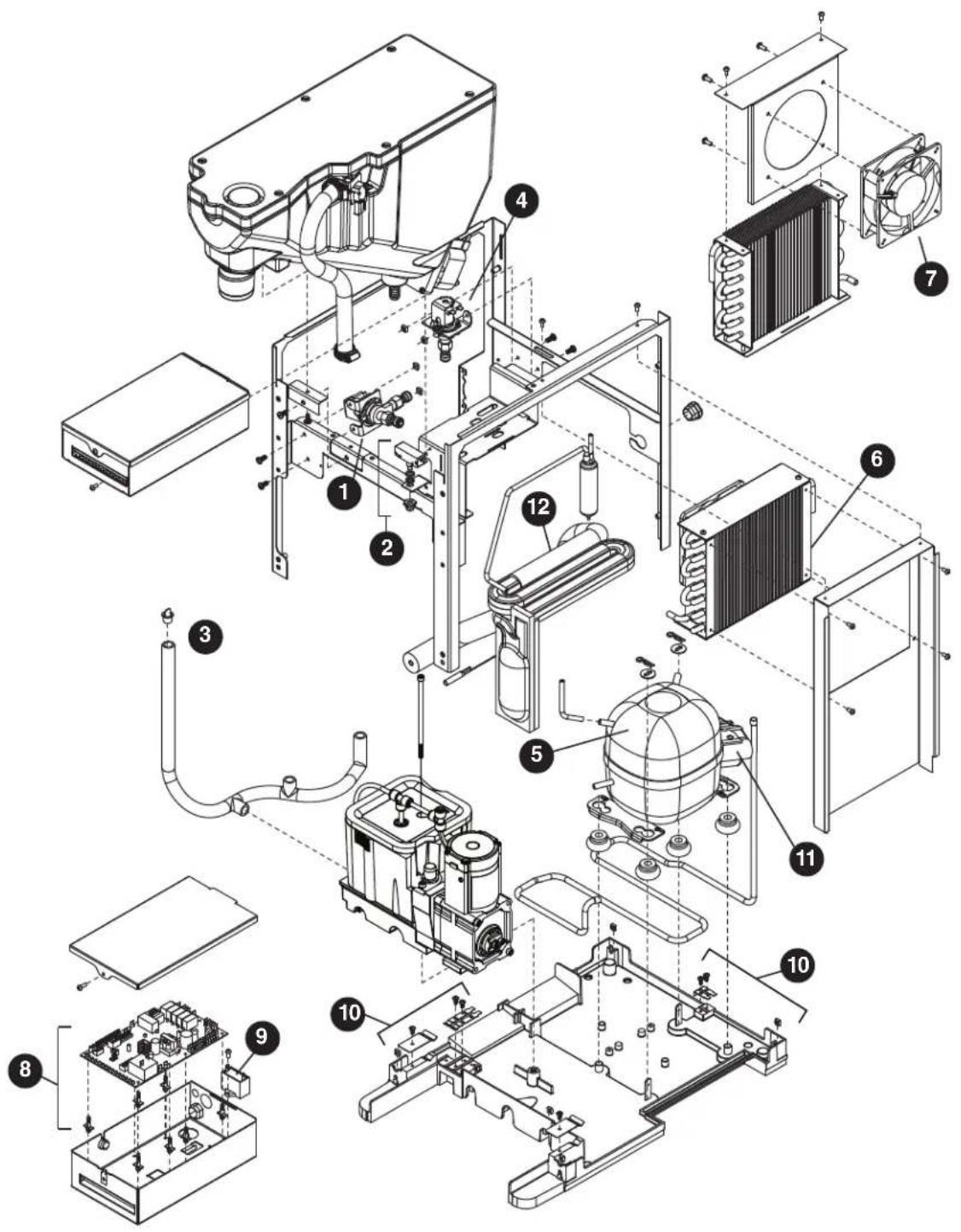 Exploded view diagram of an appliance assembly with numbered components for identification