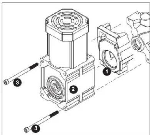 Technical diagram of a mechanical assembly with numbered components, likely a motor or housing component.