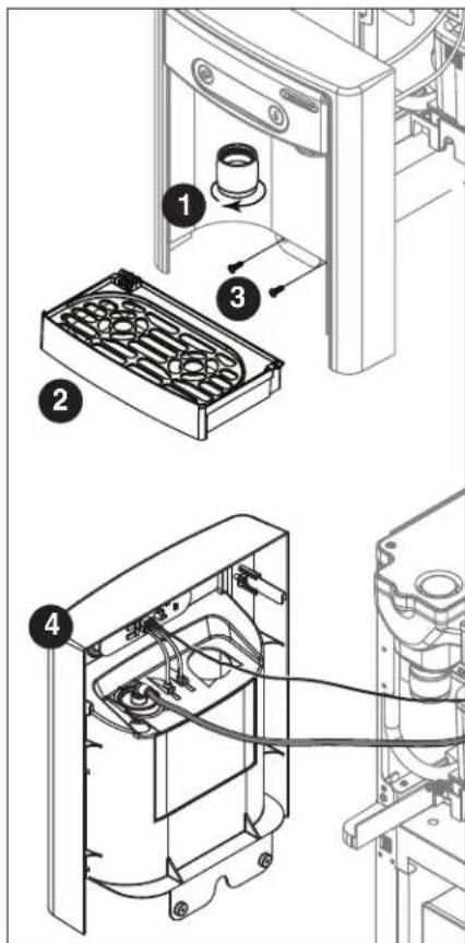 Technical diagram showing four labeled components of a device or appliance assembly, including fan, housing, and cable connections.