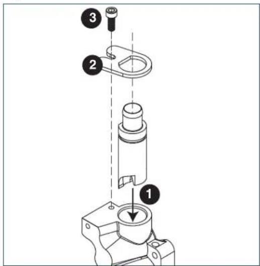 Technical diagram of a mechanical assembly with numbered components and directional arrow indicating motion or force