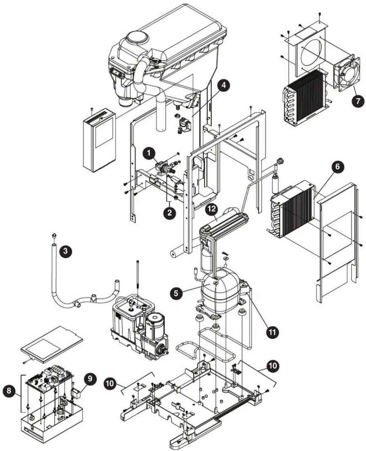 Exploded view diagram of a refrigerator assembly with numbered components for identification