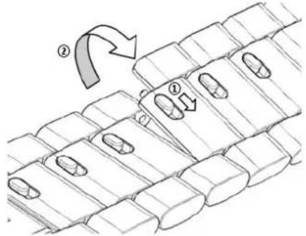 Diagram illustrating a mechanical or structural assembly with labeled components and directional arrows indicating motion or movement.