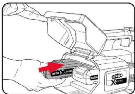 Diagram showing a hand inserting a device into an ozito machine, with a red arrow indicating the component's direction.