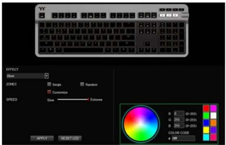 YY EFFECT Blank ZONES Single Random Customize SPEED Slow Extreme R 0 (0~255) G 265 (0~255) B 265 (0~255) COLOR CODE Off APPLY RESET LED