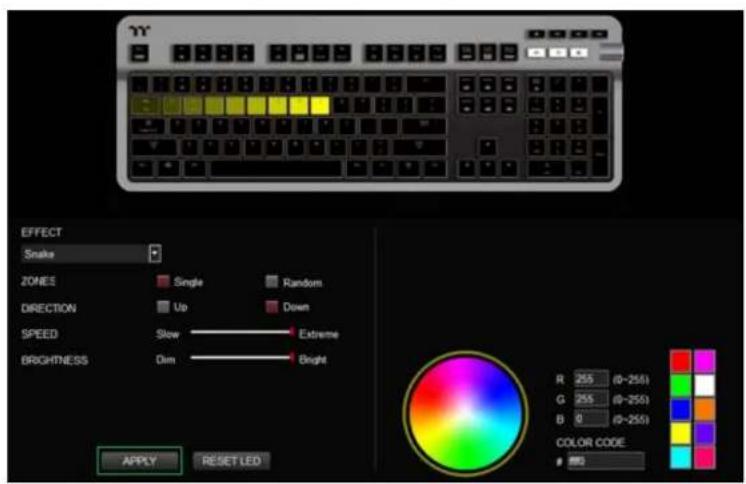 YY EFFECT Snake ZONES Single Random DIRECTION Up Down SPEED Slow Extreme BRIGHTNESS Dim Bright R 255 (0-255) G 255 (0-255) B 0 (0-255) COLOR CODE #3 APPLY RESET LED
