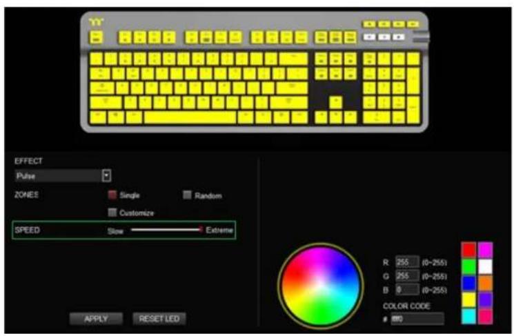 Y EFFECT Pulse ZONES Single Random Customize SPEED Slow Extreme R 255 (0-2551) G 255 (0-2551) B 8 (0-2551) COLOR CODE 000 APPLY RESET LED