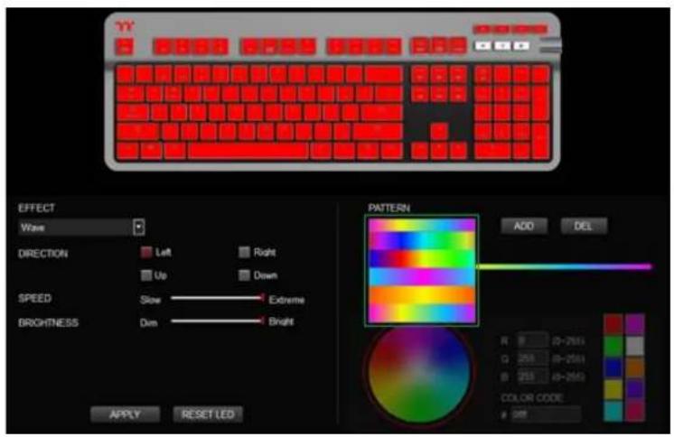 YY EFFECT Wave DIRECTION Left Right Up Down SPEED Slow Extreme BRIGHTNESS Dim Bright PATTERN ADD DEL R 20-2551 G 255 39-2551 B 255 49-2551 COLOR CODE 208 APPLY RESET LED