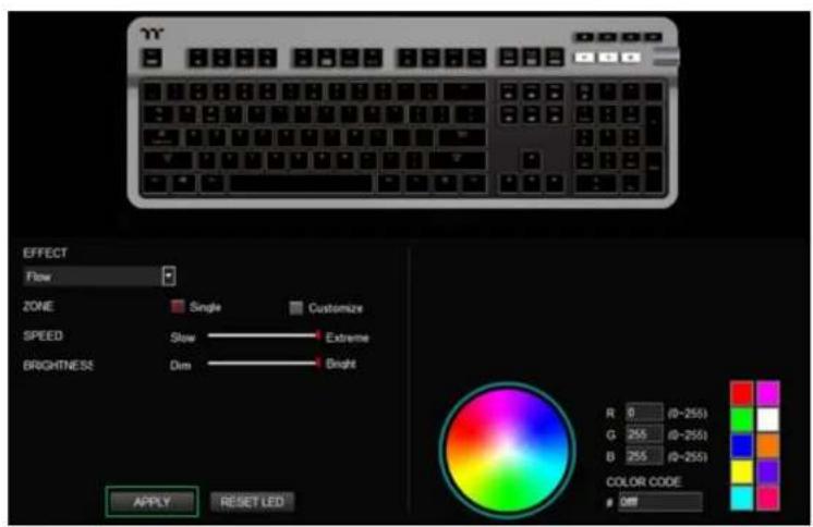 YY EFFECT Flow ZONE Single Customize SPEED Slow Extreme BRIGHTNESS Dim Bright R 0 (0-255) G 255 (0-255) B 255 (0-255) COLOR CODE ON APPLY RESET LED