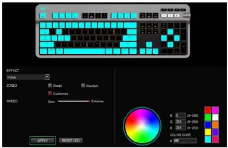 YF EFFECT Pulse ZONES Single Random Customize SPEED Slow Extreme R 0 (0-255) G 255 (0-255) B 255 (0-255) COLOR CODE ON APPLY RESET LED