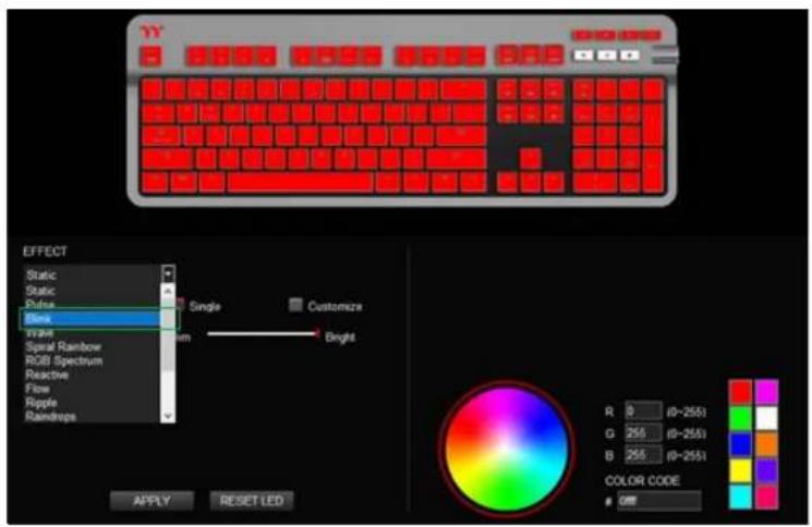 EFFECT Static Static Pulse Black Wave Spinal Rainbow RGB Spectrum Reactive Flow Ripple Randrops Single Customize Bright R 0 (0~2551) G 255 (0~2551) B 255 (0~2551) COLOR CODE ON APPLY RESET LED