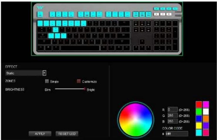 EFFECT Static ZONES Brightness Dim Customize Bright Apply RESET LED R 0 (0~256) G 255 (0~256) B 255 (0~256) COLOR CODE Off
