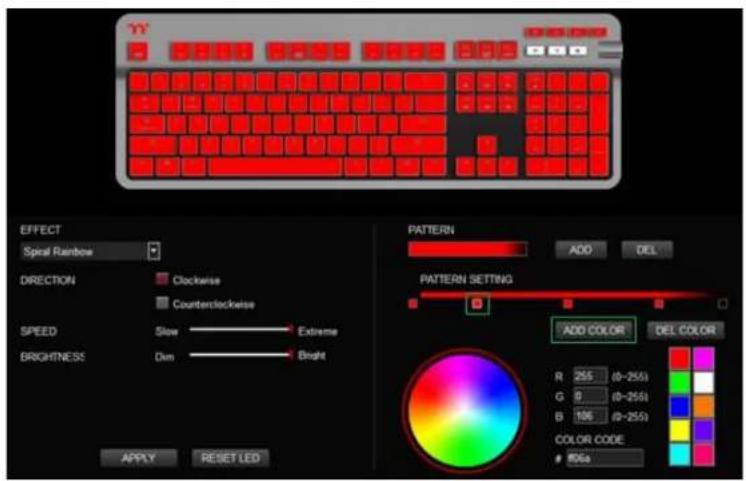 EFFECT Spinal Rainbow DIRECTION Clockwise Counterclockwise SPEED Slow Extreme BRIGHTNESS Dim Bright PATTERN ADD DEL PATTERN SETTING ADD COLOR DEL COLOR R 255 (0-255) G 9 (0-255) B 196 (0-255) COLOR CODE RGBa APPLY RESET LED