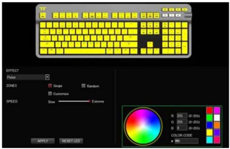 EFFECT Pulse ZONES Single Random Customize SPEED Slow Extreme APPLY RESET LED R 255 (0-255) G 255 (0-255) B 8 (0-255) COLOR CODE 100