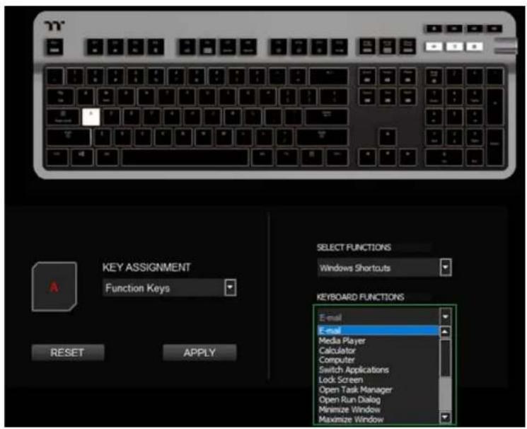 KEY ASSIGNMENT Function Keys RESET APPLY SELECT FUNCTIONS Windows Shortcuts KEYBOARD FUNCTIONS E-mail E-mail Media Player Calculator Computer Switch Applications Lock Screen Open Task Manager Open Run Dialog Minimize Window Maximize Window
