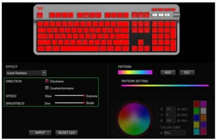 YY EFFECT Spiral Rainbow DIRECTION Clockwise Counterclockwise SPEED Slow Extreme BRIGHTNESS Dim Bright PATTERN ADD DEL PATTERN SETTING K 253 G 9 B 106 COLOR CODE 100a APPLY RESET LED