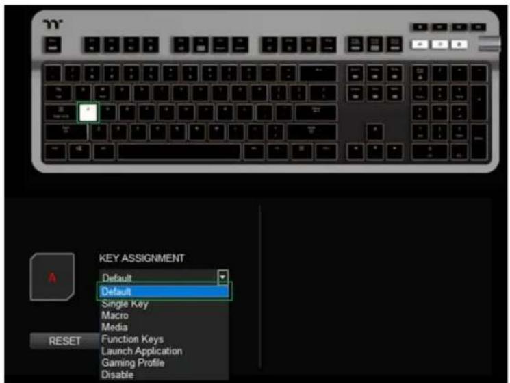 KEY ASSIGNMENT Default Default Single Key Macro Media Function Keys Launch Application Gaming Profile Disable