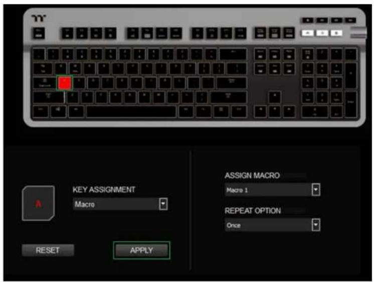 KEY ASSIGNMENT Macro ASSIGN MACRO Macro 1 REPEAT OPTION Once RESET APPLY
