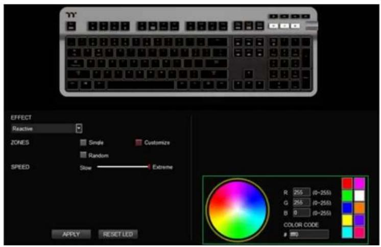 YY EFFECT Reactive ZONES Single Customize Random SPEED Slow Extreme R 255 (0-255) G 255 (0-255) B 0 (0-255) COLOR CODE 0 APPLY RESET LED