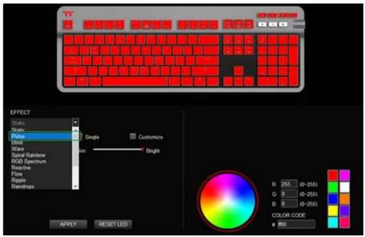EFFECT Static Static Pulse Blank Wear Spiral Rainbow RGB Spectrum Reactive Flow Apple Rendrops Single Customize Bright A/PLY RESET LED R 255 (0-2551) G 9 (0-2551) B 8 (0-2551) COLOR CODE 100