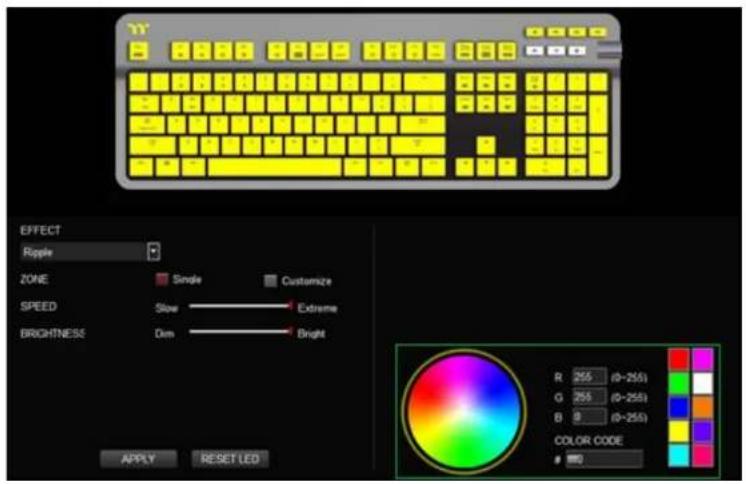 EFFECT Ripple ZONE Single Customize SPEED Slow Extreme BRIGHTNESS Dim Bright APPLY RESET LED R 255 (0-255) G 755 (0-255) B 9 (0-255) COLOR CODE #