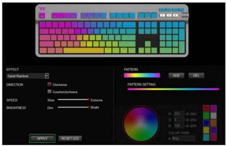EFFECT Spiral Rainbow DIRECTION Clockwise Counterclockwise SPEED Slow Extreme BRIGHTNESS Dim Bright PATTERN ADD DEL PATTERN SETTING A 255 (0-2551) G S (0-2551) B 186 (0-2551) COLOR CODE 900a APPLY RESET LED