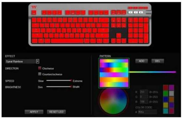 YY EFFECT Spiral Rainbow DIRECTION Clockwise Counterclockwise SPEED Slow Extreme BRIGHTNESS Dim Bright PATTERN ADD DEL R 250 G B B 100 COLOR CODE 800x APPLY RESET LED