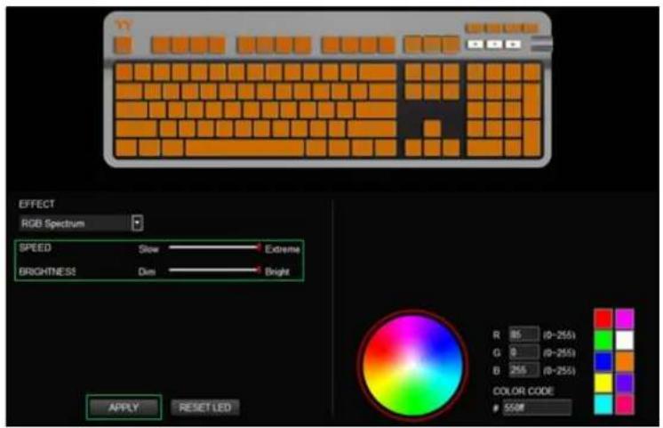 EFFECT RGB Spectrum SPEED Slow Extreme BRIGHTNESS Dim Bright R 85 (0-255) G 9 (0-255) B 255 (0-255) COLOR CODE 550#