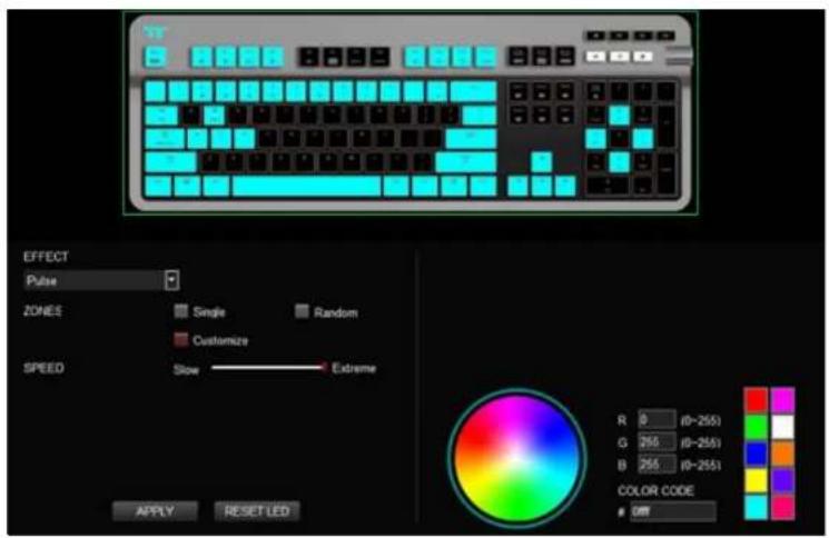 EFFECT Pulse ZONES Single Random Customize SPEED Slow Extreme R 0 (0-255) G 255 (0-255) B 255 (0-255) COLOR CODE ON APPLY RESET LED