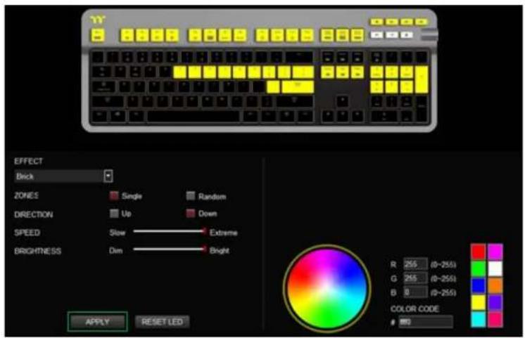 EFFECT Brick ZONES Single Random DIRECTION Up Down SPEED Slow Extreme BRIGHTNESS Dim Bright R 255 (0-255) G 255 (0-255) B 8 (0-255) COLOR CODE 103 APPLY RESET LED
