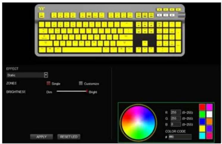 EFFECT Static ZONES Single Customize BRIGHTNESS Dim Bright R 255 (0-255) G 265 (0-255) B 8 (0-255) COLOR CODE RED APPLY RESET LED