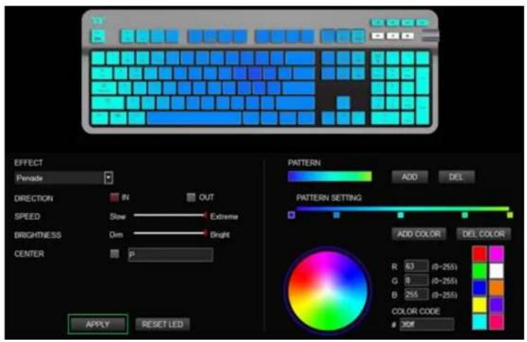 Y EFFECT Percade DIRECTION IN OUT SPEED Slow Extreme BRIGHTNESS Dim Bright CENTER P APPLY RESET LED PATTERN ADD DEL PATTERN SETTING ADD COLOR DEL COLOR R 63 (0-255) G 9 (0-255) B 255 (0-255) COLOR CODE 30M